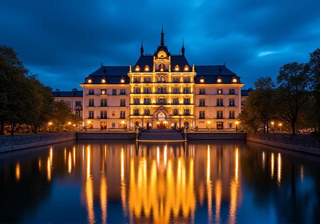 Aussenansicht des Hotels bei Nacht, beleuchtet und eindrucksvoll