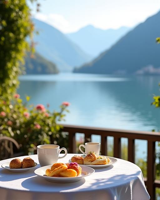 Frühstücksterrasse mit Aussicht auf den Vierwaldstättersee am Morgen