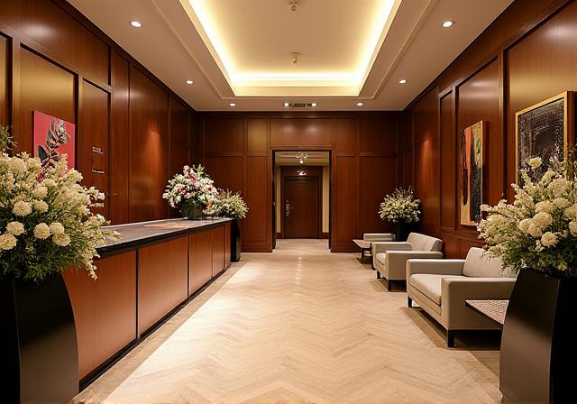 Elegante Lobby des Hôtel Bellevue mit Rezeption und Kunstwerken