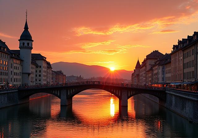 Die Kapellbrücke in Luzern bei Sonnenuntergang über dem Fluss Reuss