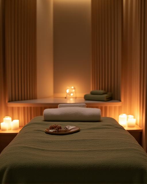 Ein ruhiger Massageraum im Spa-Bereich mit gedimmter Beleuchtung