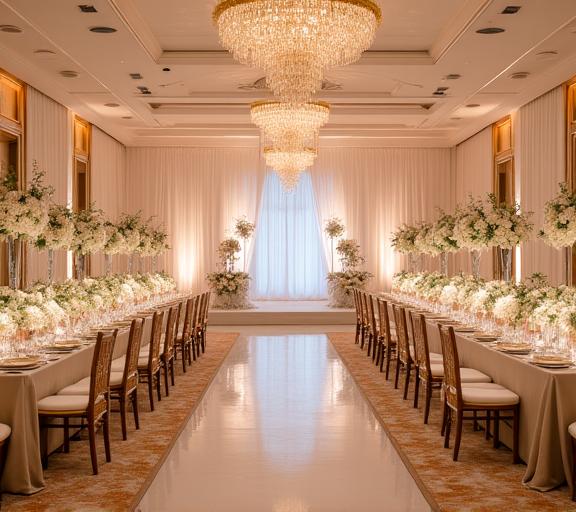 Festlich dekorierter Ballsaal für eine Hochzeit mit Blumenarrangements